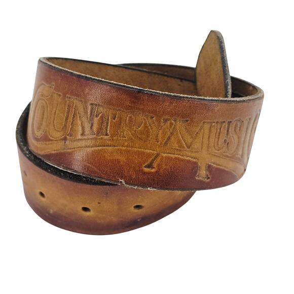 Vintage Country Music Brown Leather Belt Handtooled Snap-On Unisex Size 30 - Picture 1 of 6